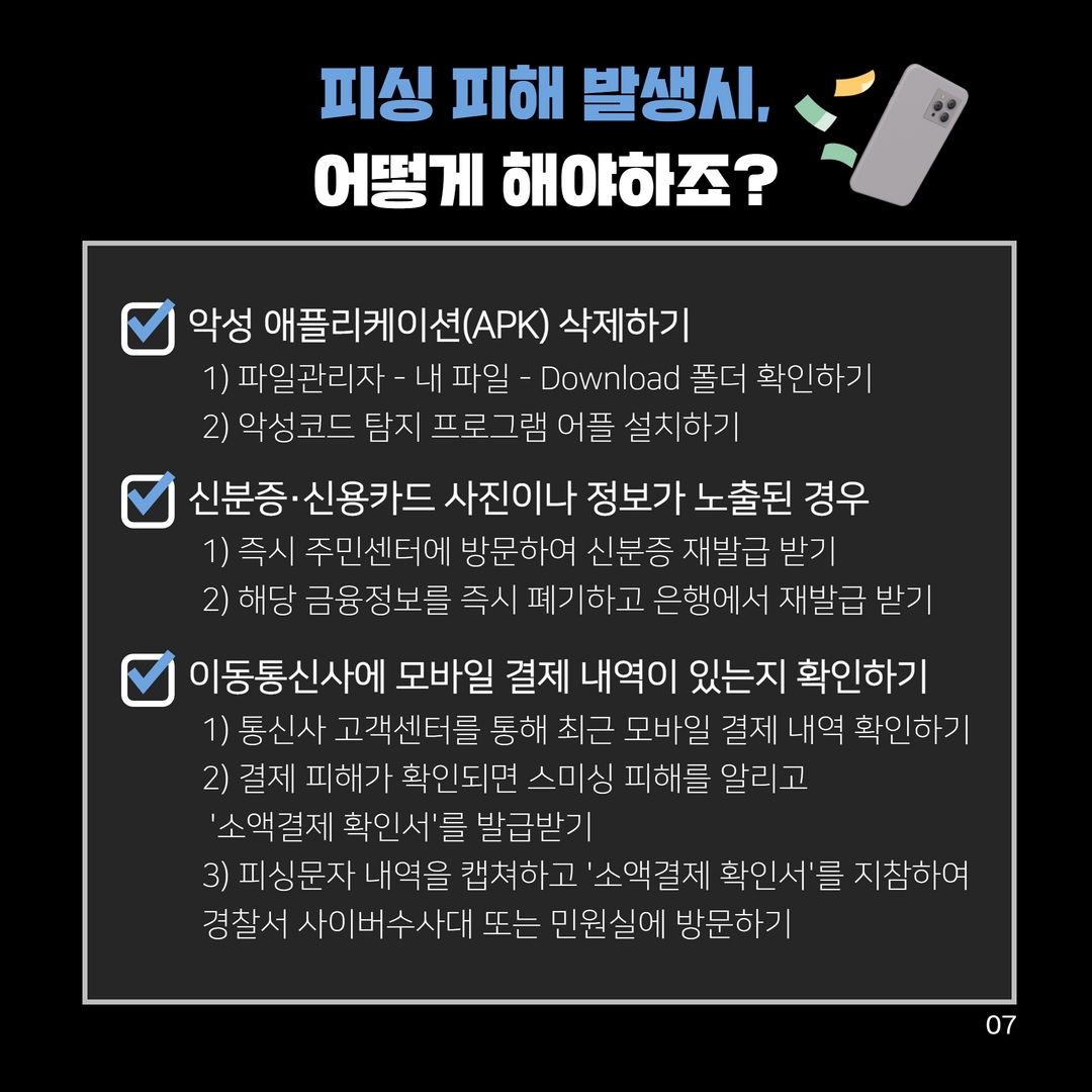 피싱 피해 발생시,
어떻게 해야하죠?
악성 애플리케이션(APK) 삭제하기
1) 파일관리자 – 내 파일 – Download 폴더 확인하기
2) 악성코드 탐지 프로그램 어플 설치하기
신분증·신용카드 사진이나 정보가 노출된 경우 1) 즉시 주민센터에 방문하여 신분증 재발급 받기 2) 해당 금융정보를 즉시 폐기하고 은행에서 재발급 받기
이동통신사에 모바일 결제 내역이 있는지 확인하기
1) 통신사 고객센터를 통해 최근 모바일 결제 내역 확인하기
2) 결제 피해가 확인되면 스미싱 피해를 알리고
'소액결제 확인서'를 발급받기
3) 피싱문자 내역을 캡쳐하고 '소액결제 확인서'를 지참하여
경찰서 사이버수사대 또는 민원실에 방문하기
07