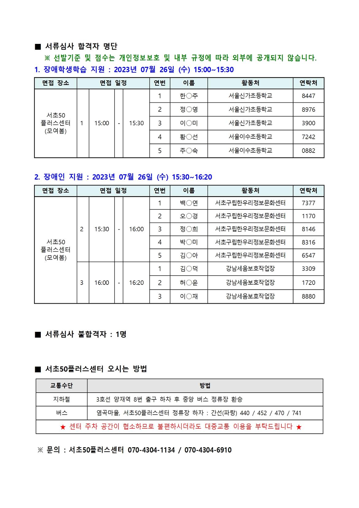 [2023년+서초50%2B+보람일자리]+5차+모집_서류+합격자+공고(익명)002.jpg